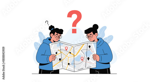 Two thoughtful individuals in blue hoodies intensely study a detailed map with marked routes, appearing confused about their direction and next steps, symbolizing navigation challenges.