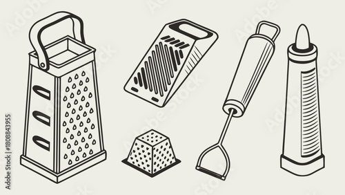 Kitchen Graters and Peeler Line Art. Essential Tools for Grating and Peeling Food. Home Cooking Utensils Vector Illustration for Recipe Blogs and Culinary Guides.