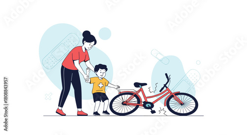 A caring mother is assisting her injured son after a bicycle accident, offering support and comfort, with a fallen bike nearby and symbolic bandages in the background.