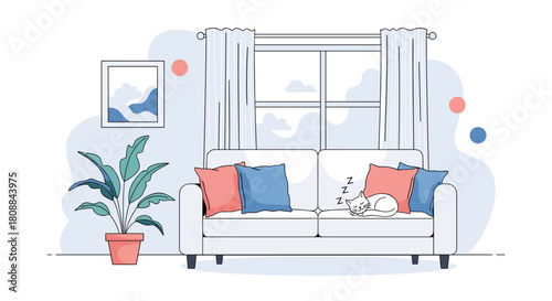 A minimalist and cozy living room is depicted with a white sofa, colorful pillows, a potted plant, a window, and a sleeping white cat, illustrating a peaceful domestic interior.