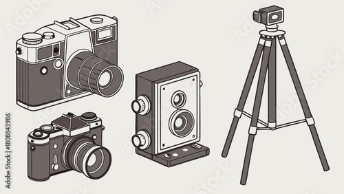 Classic Vintage Photography Equipment Isometric Illustration. Retro Cameras and Tripod for Creative Design, Media Projects, and Artistic Content.