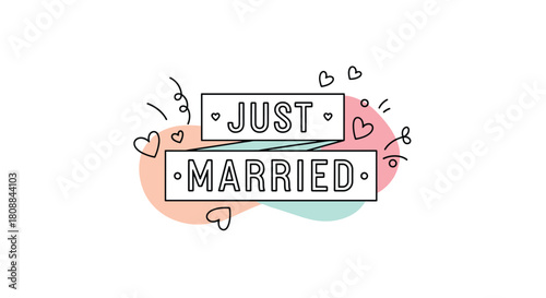 Charming hand-lettered 'Just Married' graphic with playful hearts and abstract pastel shapes, perfect for wedding announcements or celebratory designs.