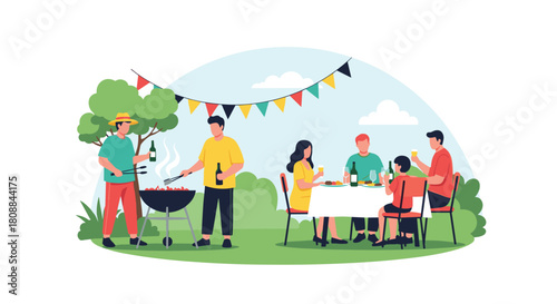 Cheerful outdoor gathering with friends and family enjoying a barbecue, food, and drinks under a festive garland in a verdant, relaxed setting.