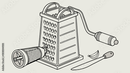 Kitchen Grater Garlic Press Fresh Garlic for Healthy Cooking Meal Preparation Culinary Line Art Illustration