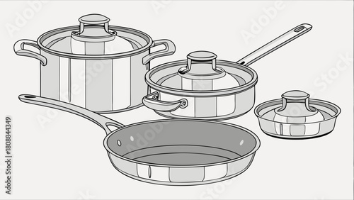 Modern Stainless Steel Cookware Set. Kitchen Pots, Pans, and Lids for Home Cooking, Culinary Websites, and Recipe Blogs.