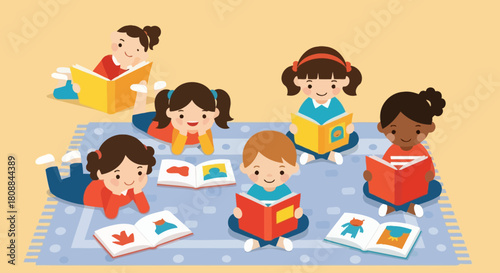 A cheerful illustration of diverse young children happily reading various books while sitting and lying on a blue patterned rug.