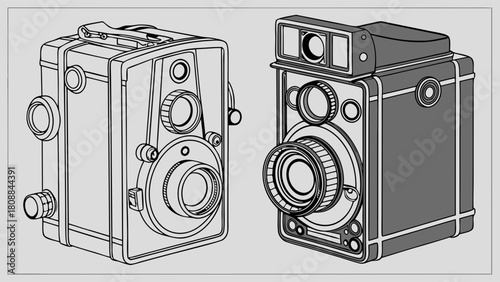 Retro Vintage Cameras Illustration for Photography History and Graphic Design. Classic Antique Photo Equipment Showcasing Timeless Technology and Nostalgia.