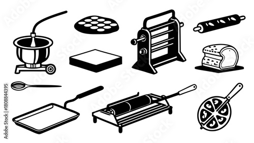 Retro Kitchen Baking and Cooking Equipment Icons for Food Blog Recipes and Culinary App Design Vector Art