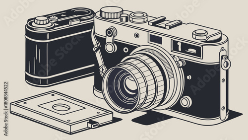 Classic Vintage Film Camera, Canister, and Cassette Isometric Illustration. Retro Photography Equipment for Design, Art, and History.