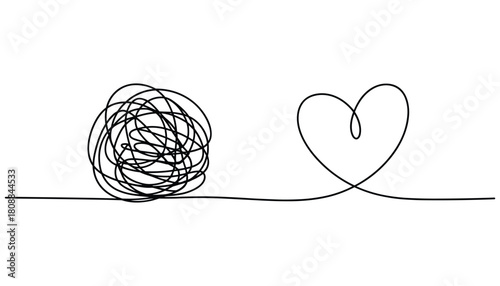 Single black line drawing of a tangled ball and a heart shape on white background abstract chaos