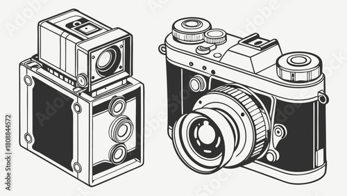 Classic Vintage Film Cameras Illustration. Retro Photography Equipment Line Art for Hobbyists, Creative Design, and Digital Media Projects.