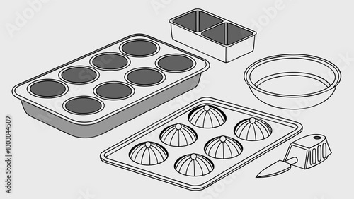 Preparing Delicious Desserts with Baking Molds, Pans, Mixing Bowl, and Spatula. Essential Kitchen Tools for Home Bakers and Food Blog Content.