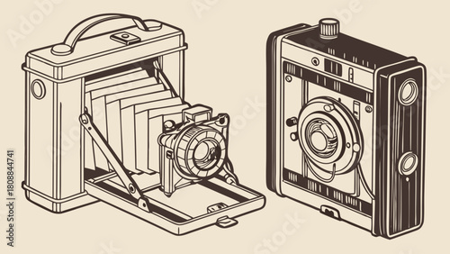 Vintage Folding Camera and Retro Box Camera Line Art Illustration Classic Photography Equipment Nostalgic Design for Media Projects