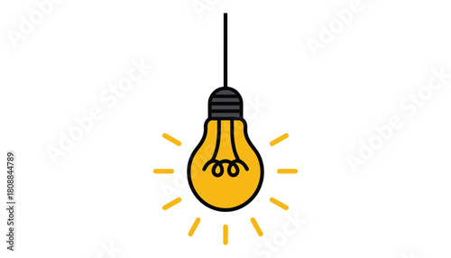 Simple yellow light bulb with radiating lines on a white background idea inspiration