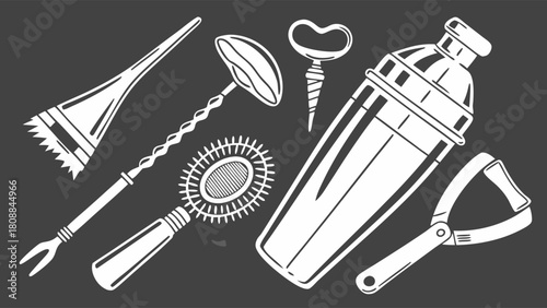 Essential Bartending Tools Vector Illustration for Professional Cocktail Making Mixology and Drink Preparation Bar Equipment for Home and Restaurant