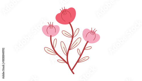 Three stylized pink and red flowers with thin stems and cream colored leaves on a white background floral