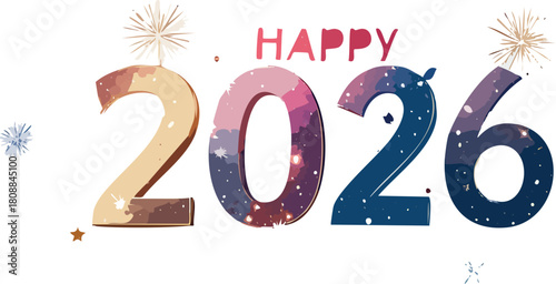 Happy new year 2026 greeting text with watercolor style