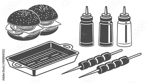 Barbecue Food Set Illustration with Hamburgers Grill Pan Sauces and Skewers for Summer Party and Restaurant Menu