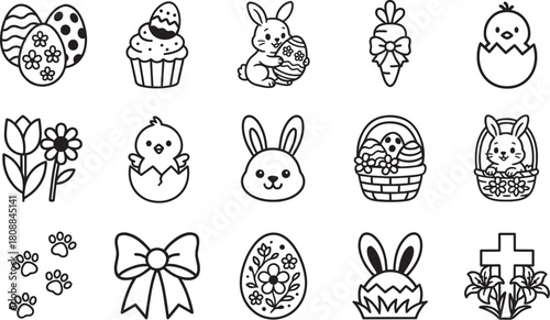A collection of charming Easter-themed illustrations, from cute bunnies and eggs to delightful treats, all presented in a clean and artistic aesthetic.