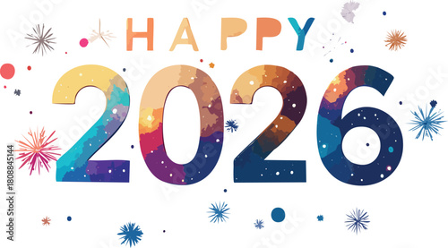 Happy 2026 text with watercolor new year design