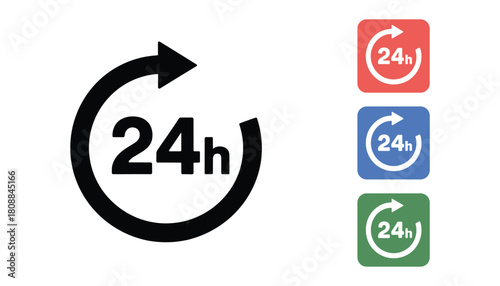 Black 24 hour service icon with circular arrow and three colored square icons red blue green symbol