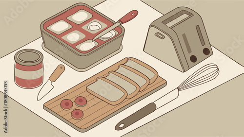 Isometric Breakfast Preparation Illustration with Sliced Bread Toaster Jam and Fresh Berries. Cozy Morning Meal for Food Blogs and Web Design.