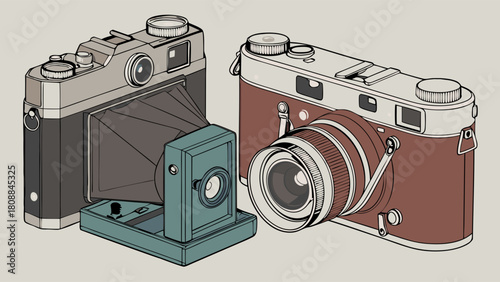 Retro Illustration Vintage Film Cameras Photography Equipment for Creative Design History Nostalgia and Hobby Content