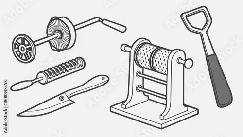 Collection of Kitchen Tools and Cooking Utensils Vector Illustration. Essential Gadgets for Home Food Preparation, Culinary Projects, and Recipe Design. Line Art Drawing.