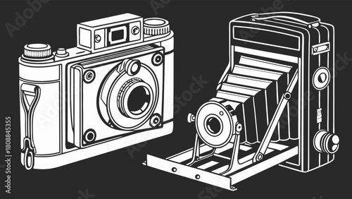 Vintage Cameras Black and White Line Art Illustration. Classic Photography Equipment for Graphic Design, History, and Nostalgic Branding.