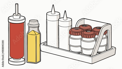 Assorted Condiments Ketchup Mustard Sauces Salt Pepper Shakers in a Caddy for Restaurant Dining and Food Service