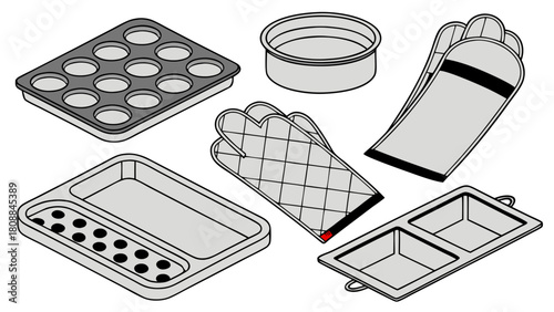 Home Baking Essentials Isometric. Muffin Pan, Cake Tin, Baking Sheet, Oven Mitts for Delicious Desserts, Creative Cooking, Kitchen Recipes, and Culinary Projects.