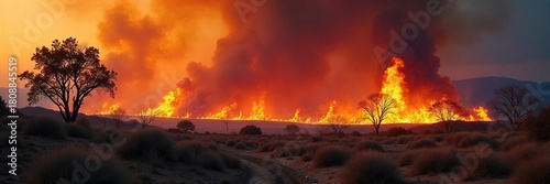 Desolate Inferno Wildfire Engulfs Dry Brush and Trees in a Dramatic Landscape, Smoke Billowing Ominously into the Sky, Highlighting Natures Destructive Power
