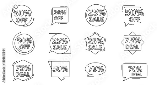 Modern outline style digital vector collection displaying various discount sale promotion price off percentage badges on a clean white background for e-commerce marketing