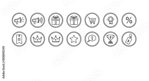 Minimalist outline digital icons representing business and e-commerce functions organized in rows on a stark white canvas for modern interface design