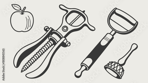 Minimalist Line Art Illustration of Kitchen Tools like Apple Peeler Corkscrew and Meat Tenderizer for Recipe Design and Food Prep Guides