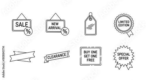 Diverse outline style marketing promotional icon collection indicating sales and special offers arranged cleanly as isolated digital graphics for e-commerce and retail promotion
