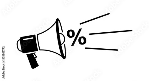 Black and white icon megaphone loudly announcing a percentage symbol representing a discount or sale on a crisp white background