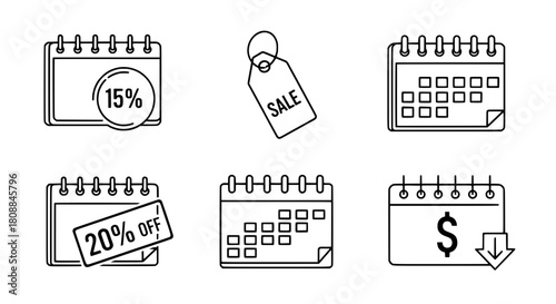 Black outline sale icons collection illustrating discounts and promotions in an isolated white background vector set for marketing events and price reduction