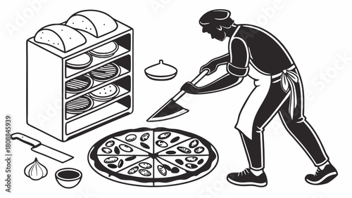 Professional Chef Slicing Fresh Pizza with Specialty Cutter in Bakery Kitchen. Delicious Food Preparation for Restaurant Menu, Pizzeria, and Culinary Marketing.