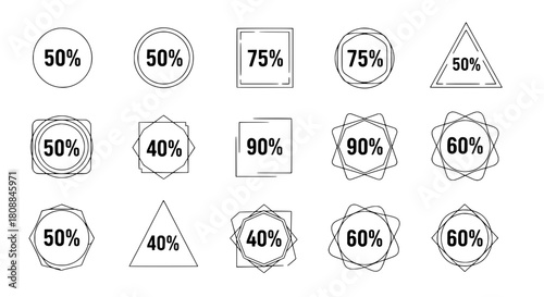 A minimalist icon collection of diverse set of outlined discount badges showcasing various percentages on a clean white surface for web promotion graphics