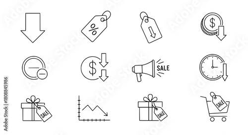 Hand-drawn doodle style icon set illustrating various sales discount and promotion concepts for business marketing materials on a white background