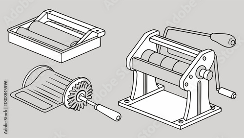 Vintage Manual Roller Press Machines for Creative Crafting. Traditional Hand Cranked Tools for DIY Art, Printing, and Embossing Projects.