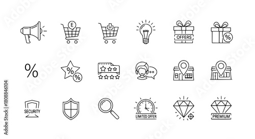 A diverse linear collection icon set depicting e-commerce marketing sales and security for modern online business solutions on a white background