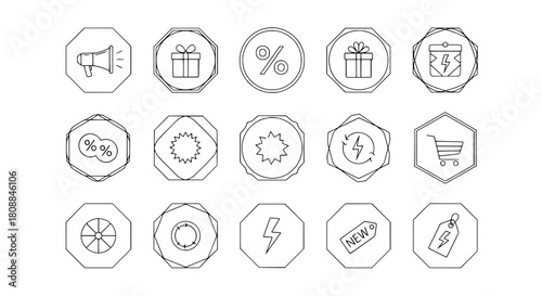Outlined vector icon collection depicting e-commerce shopping promotion and discount symbols on a simple white background for digital marketing assets