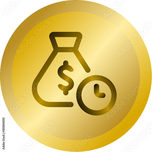 Shiny Gold Round Button With Money Time Clock Vector Icon