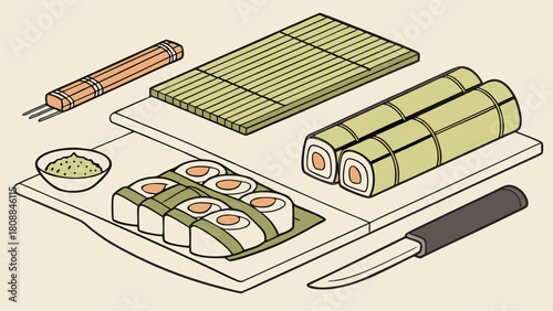 Isometric Illustration Of Fresh Homemade Sushi Rolls With Makisu Knife And Chopsticks For Healthy Asian Cuisine Cooking Blog Or Restaurant Menu Design