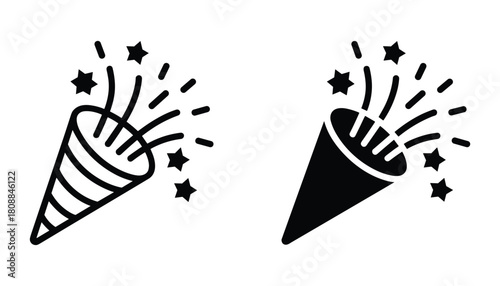 Black and white line art and solid silhouette icons of party poppers exploding with stars and streamers