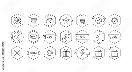 Modern outline hexagonal e-commerce icons representing shopping promotions on a white background for web mobile apps featuring sales discounts delivery