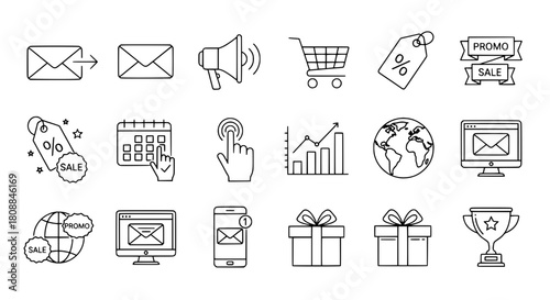 Comprehensive collection of outline vector icons illustrating essential digital marketing concepts for web and mobile applications on a pristine white background