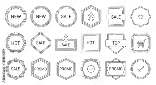 Monochrome outlined marketing collection icons depicting sale new hot top and promo status on a simple white background for digital retail advertising